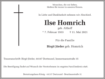 Traueranzeige von Ilse Homrich 