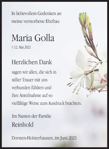 Traueranzeige von Maria Golla von Ruhr Nachrichten und Dorstener Zeitung