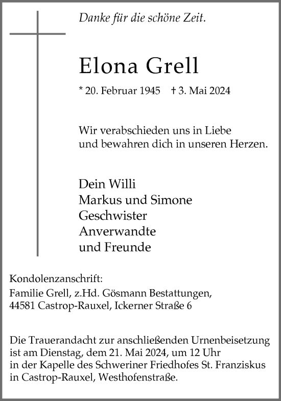 Traueranzeige von Elona Grell von Ruhr Nachrichten