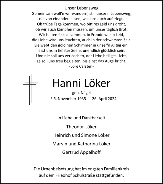 Traueranzeige von Hanni Löker von Ruhr Nachrichten und Dorstener Zeitung