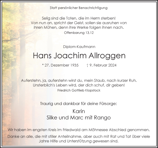 Traueranzeige von Hans Joachim Allroggen von Hellweger Anzeiger