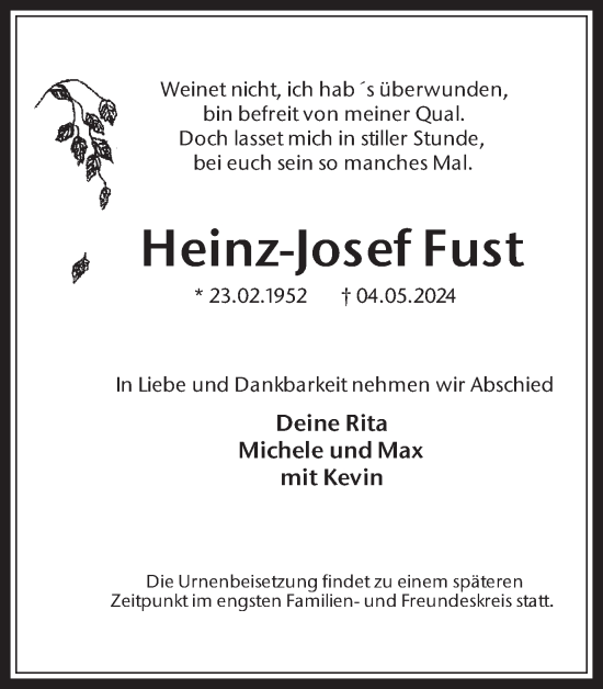 Traueranzeige von Heinz-Josef Fust von Medienhaus Bauer