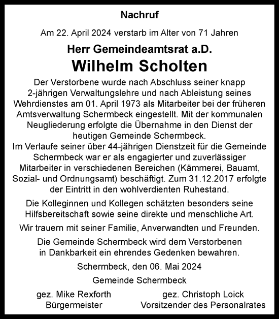 Traueranzeige von Wilhelm Scholten von Ruhr Nachrichten und Dorstener Zeitung