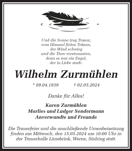 Traueranzeige von Wilhelm Zurmühlen von Ruhr Nachrichten