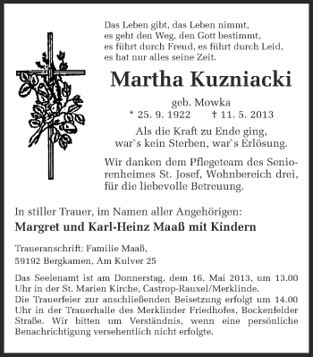 Traueranzeige von Martha Kuzniacki von Ruhr Nachrichten