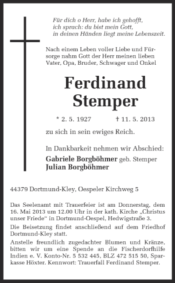 Traueranzeige von Ferdinand Stemper von Ruhr Nachrichten