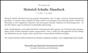 Traueranzeige von Heinrich Schulte-Mausbeck von Ruhr Nachrichten