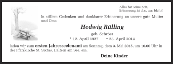 Traueranzeige von Hedwig Rülling von Ruhr Nachrichten und Halterner Zeitung