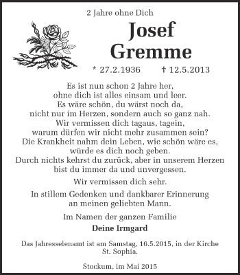 Traueranzeige von Josef Gremme von Ruhr Nachrichten