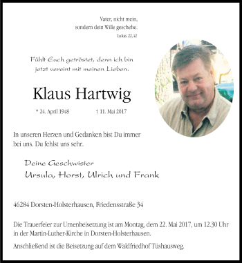 Traueranzeige von Klaus Hartwig von Ruhr Nachrichten und Dorstener Zeitung