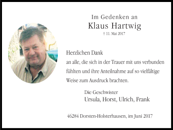 Traueranzeige von Klaus Hartwig von Ruhr Nachrichten und Dorstener Zeitung