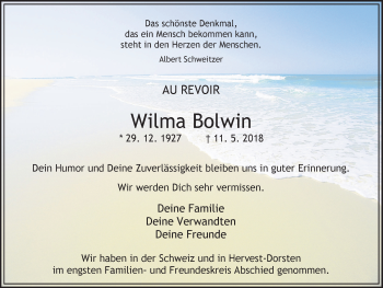 Traueranzeige von Wilma Bolwin von Ruhr Nachrichten und Dorstener Zeitung